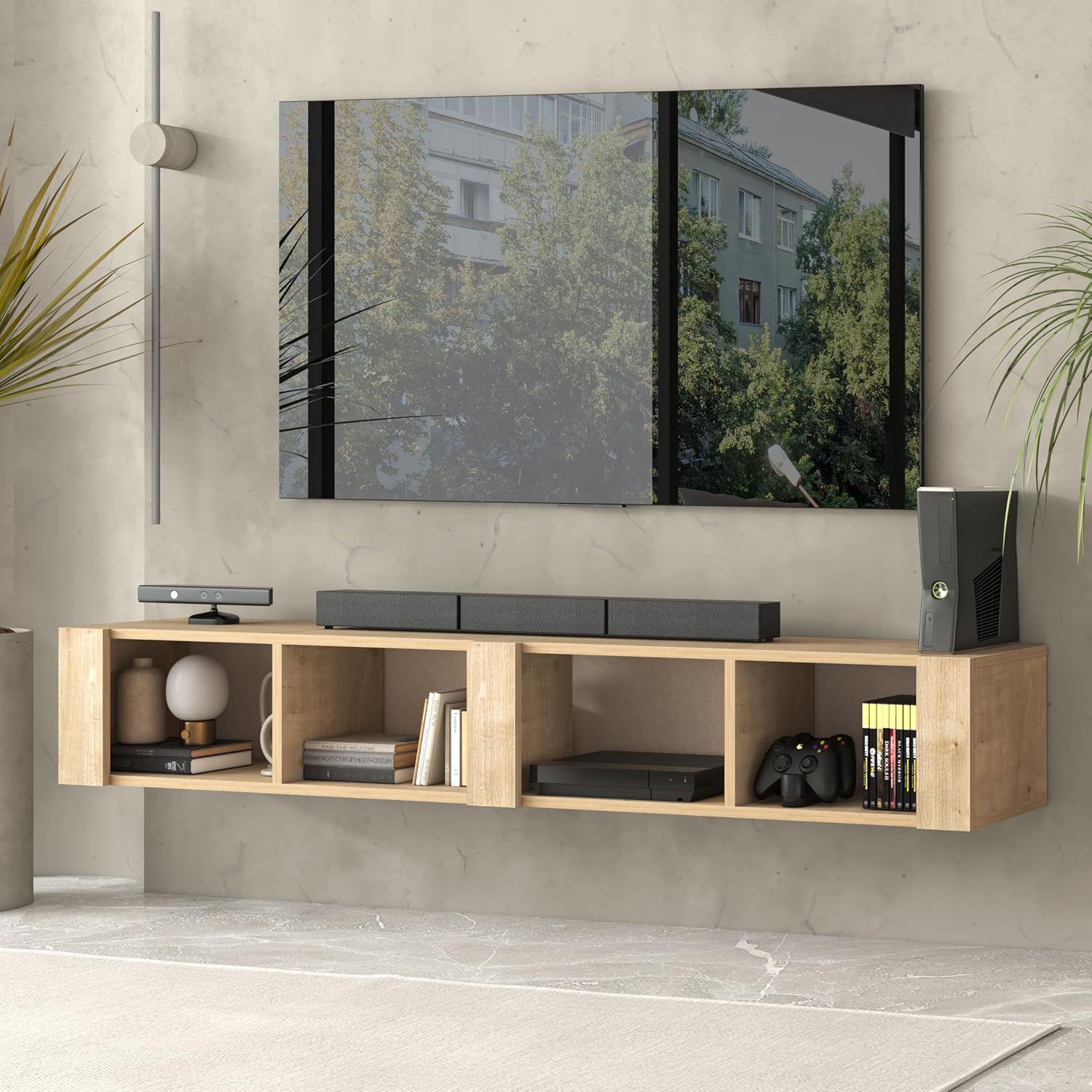 Atelier Mobili Floating TV Stand for 75 Inch TVs – Wall Mounted Entertainment Center with Open Storage Shelves – Modern Floating TV Console for Living Room & Bedroom – Oak and Walnut Finish (Oak)