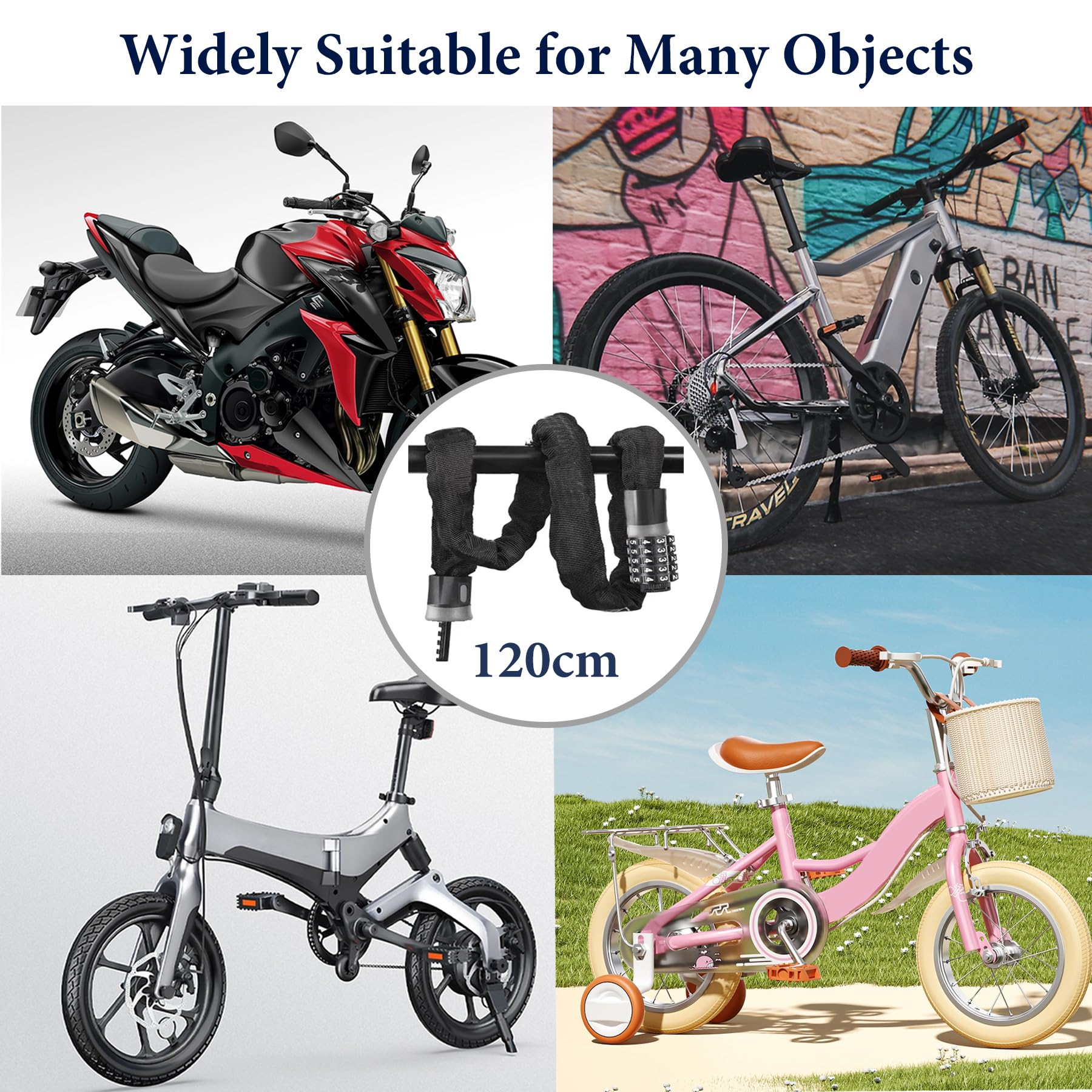Lucchetto Bici Catena Bicicletta Antifurto 120CM, Catena Bici ad Alta Sicurezza e Codice a 5 Cifre, Lucchetto a Catena per Bicicletta, Moto, Porta, Cancello, Recinzione (Nero) Senza Chiave
