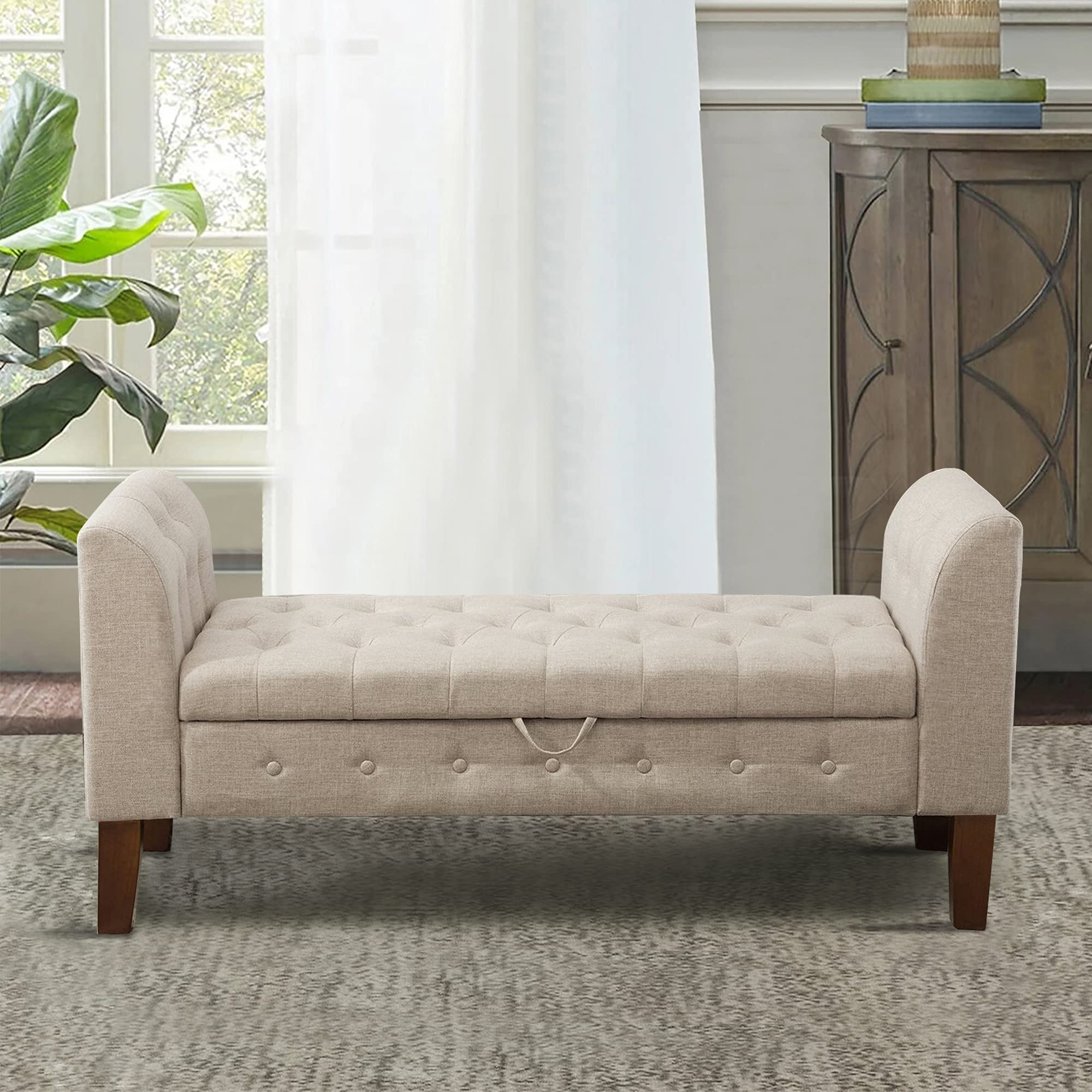 Awonde Upholstered Storage Bench with Arms Ottoman Bench for Bedroom Entryway Living Room Khaki