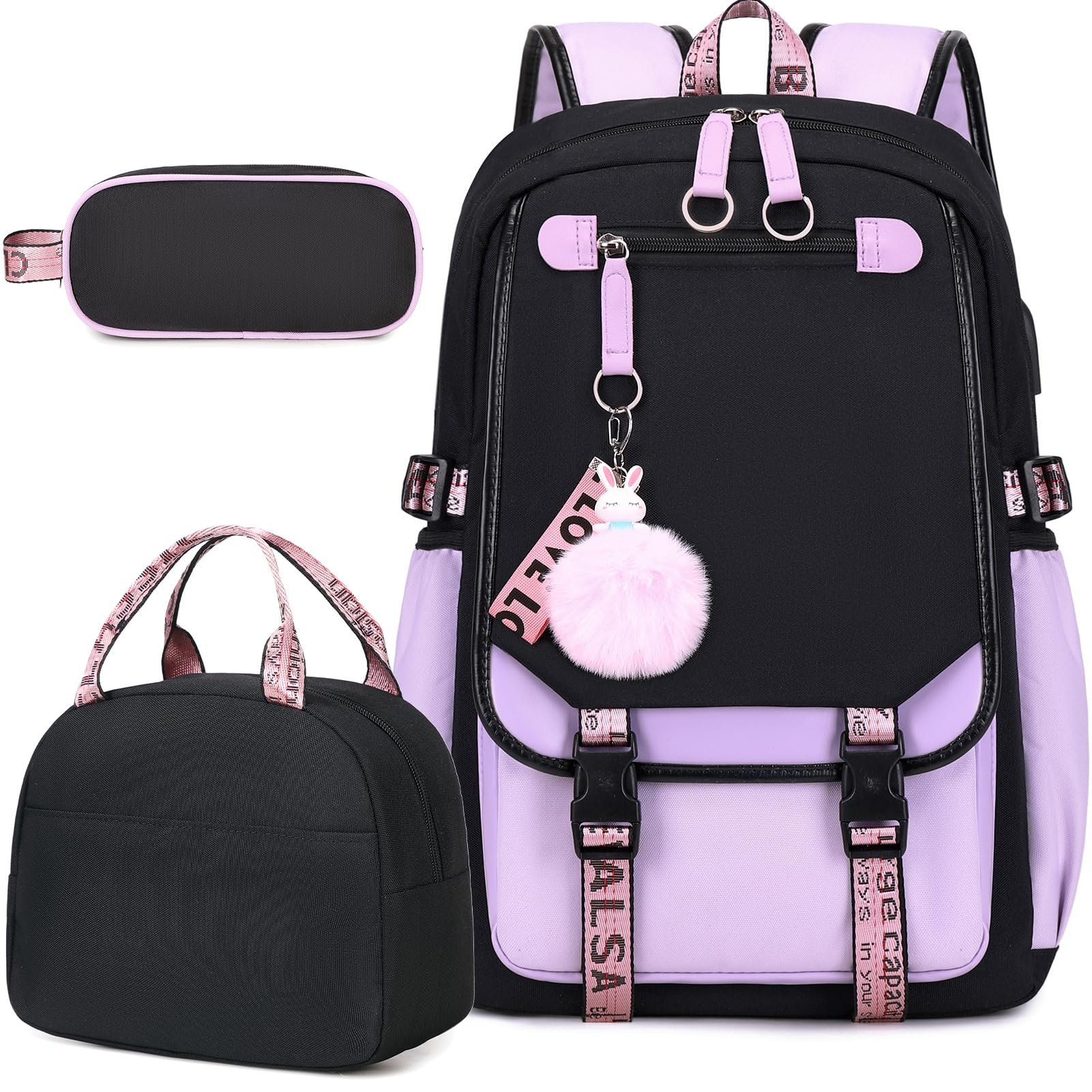 Backpack with Lunch Bag Bookbag Set for Girls Kids Middle High School College Student 21L Casual Daypack Children Schoolbag Bookbag with USB Charging Port (Purple)