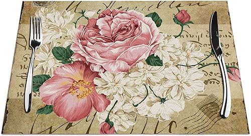 Juego de 4 manteles individuales con diseño de rosas, resistentes al calor, antideslizantes, 18 x 12 pulgadas