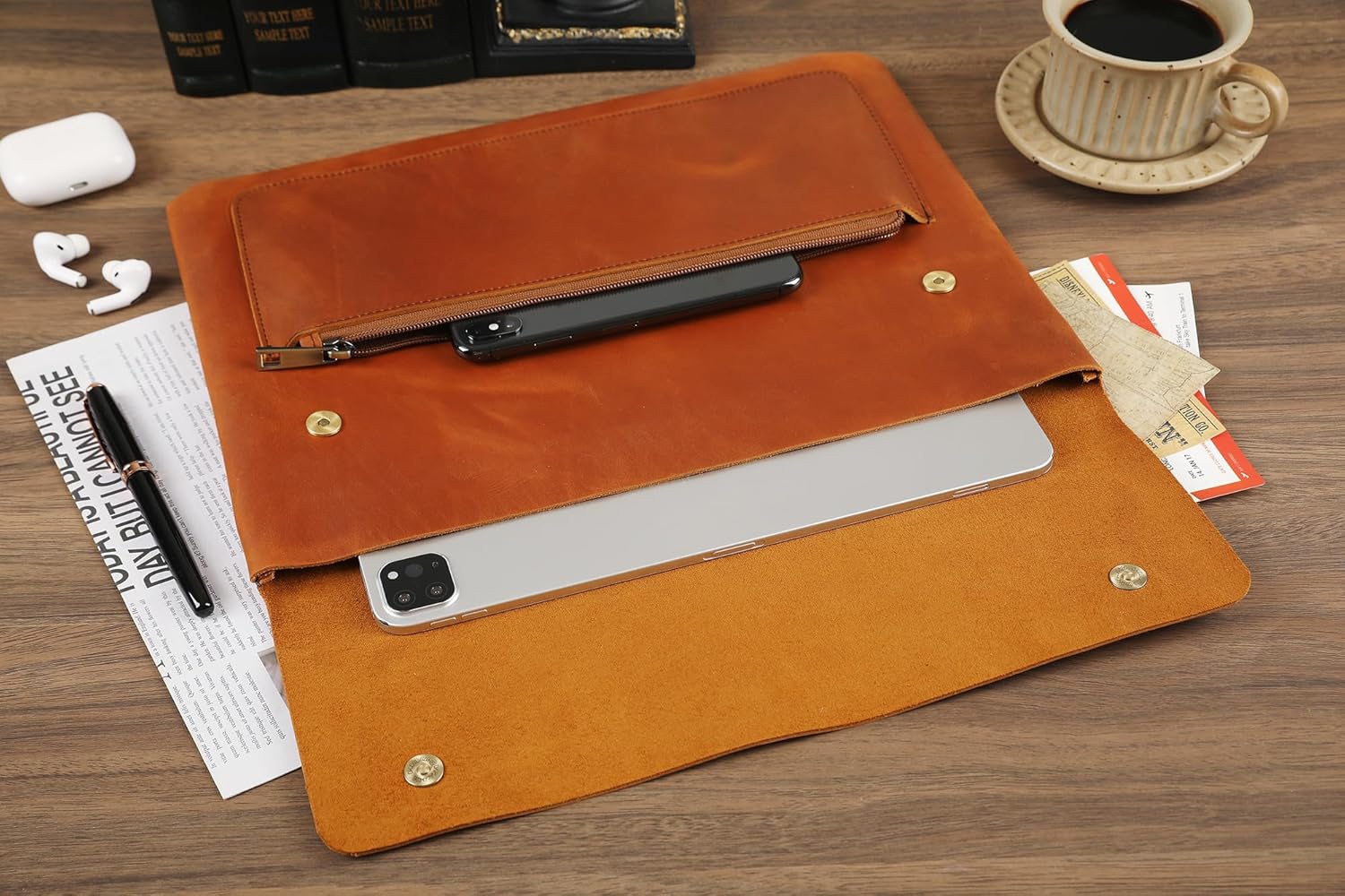Genuine Leather Sleeve for 13/14/15-in MacBook Pro & MacBook Air, Slim Protective Laptop Case, Folio Document Organizer Leather Folder Portfolio-Brown