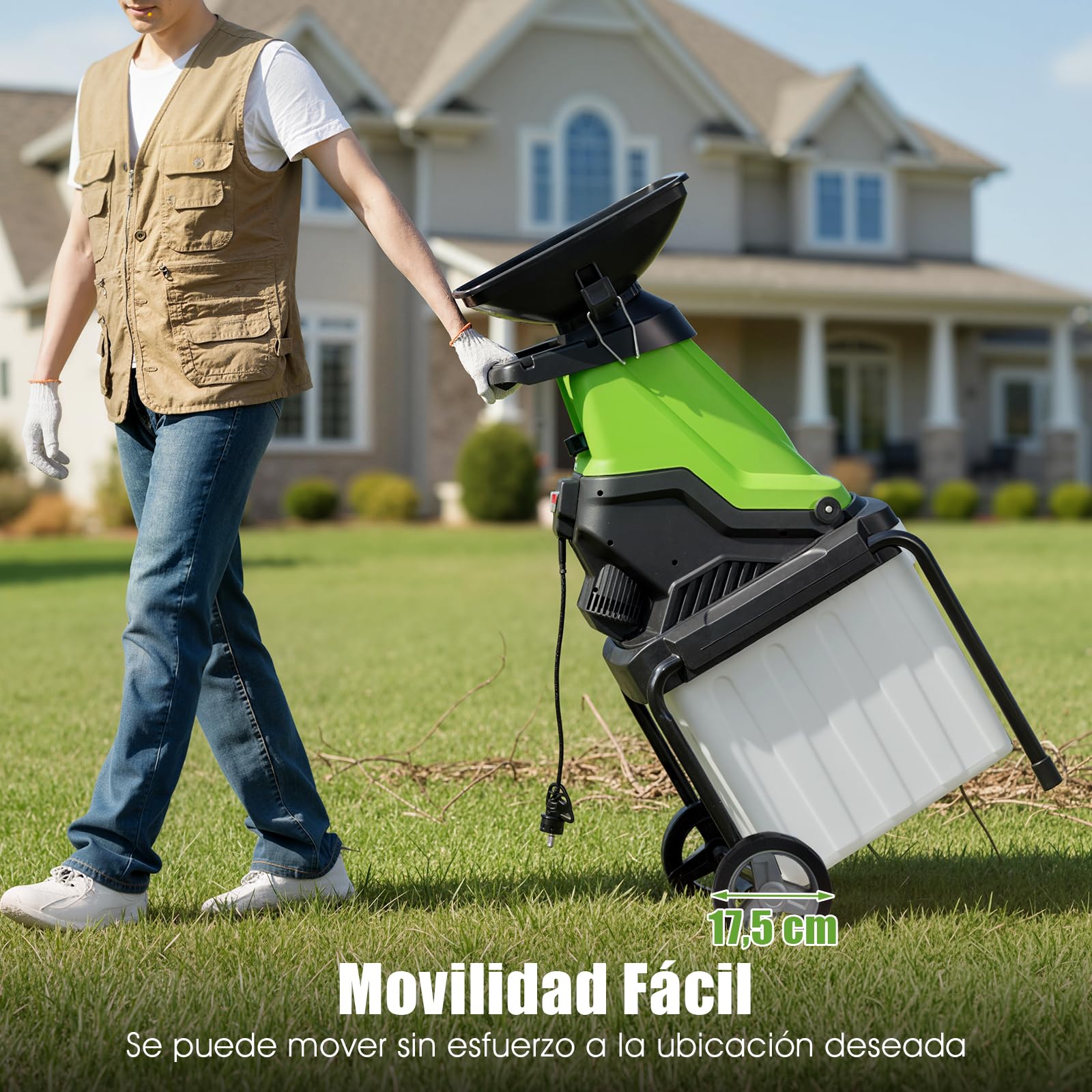 GOPLUS Trituradora Eléctrica 3000 W, Trituradora de Ramas con Caja de Recogida 50 L, Reducción 15: 1, Ø 45 mm, Cuchillas de Doble Filo, 4500 RPM Biotrituradora con Ruedas, para Jardín Patio (Verde)