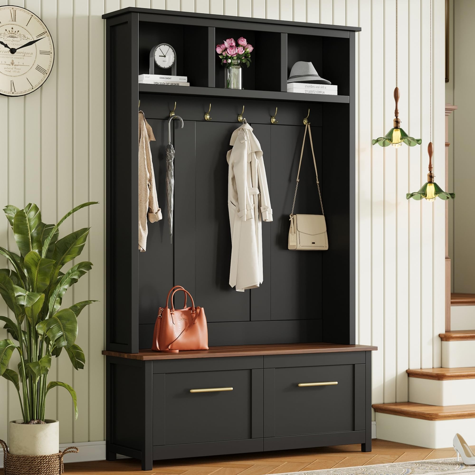 View 1 of ***PARTIAL SET-box 1 of 2***Merax 4-in-1 Hall Tree with Bench, Modern Versatile Multiple Storage Space with 6 Golden Hooks, 2 Drawers, Entryway Coat Rack for Living Room, Hallway, Black