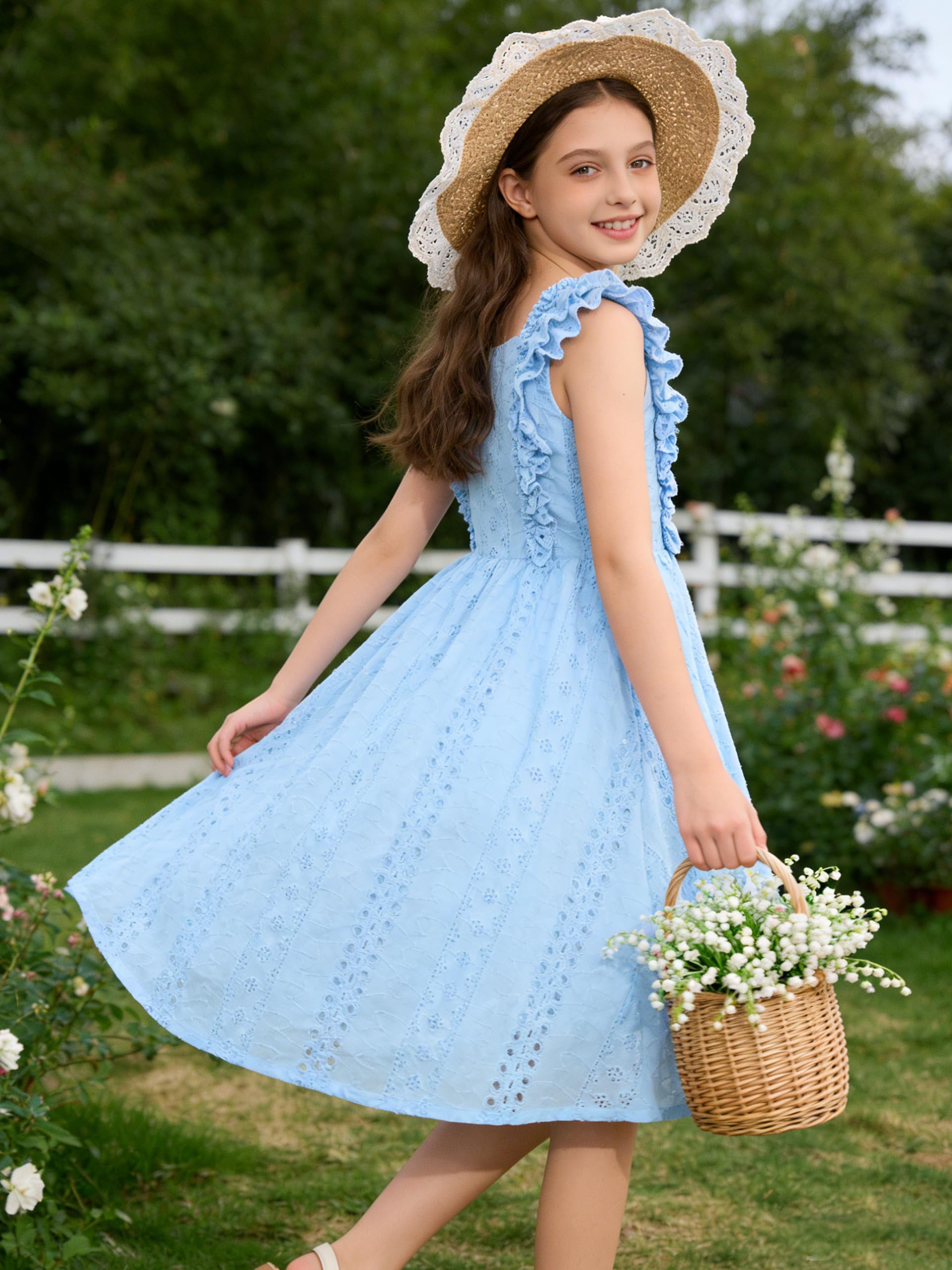 Rolanko Vestido con Mangas con Volantes para Niñas, Vestido de Verano Fluido de Corte A con Escote Cuadrado y Botones