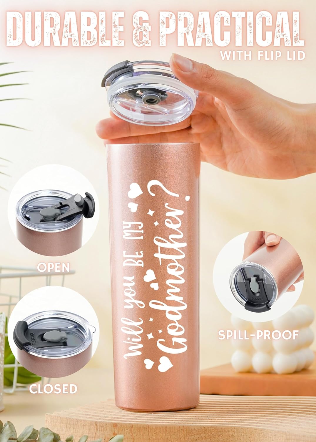 Onebttl Will You be My Godmother,Godmother Proposal Gifts for Best Friend, Aunt, Sister, 20 oz Skinny Stainless Steel Tumbler Rose Gold