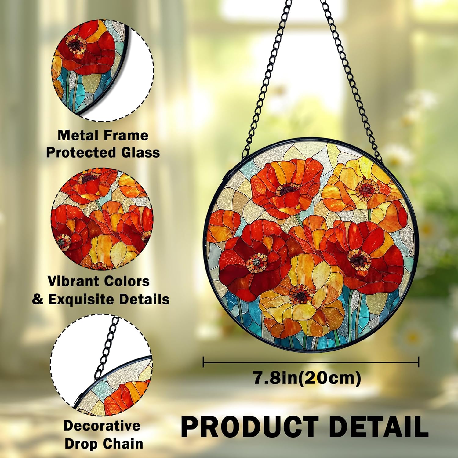 Poppy Flower Suncatcher Stained Glass Window Hanging, Poppy Flower Gifts Sun Catchers Indoor Window Glass Wall Art Decor, Floral Wall Hanging Decor Decorations, 7.9x7.9 Inch 032-MH-BLGH - Image 7