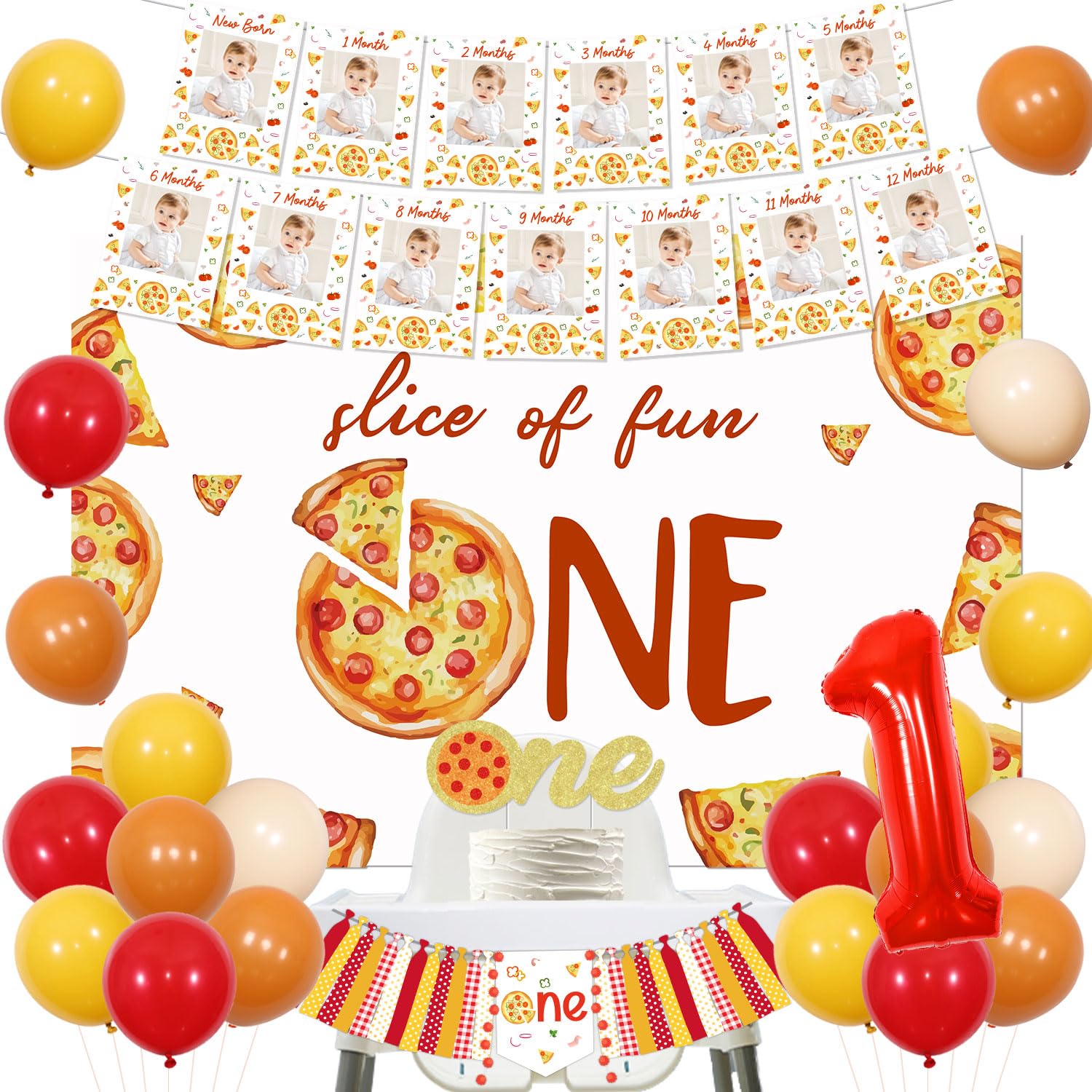 Pizza 1st Birthday Party Decorations - Pizza Theme 1st Birthday High Chair Banner and Photo Banner Slice of Fun Backdrop Fast Food Pizza Cake Topper