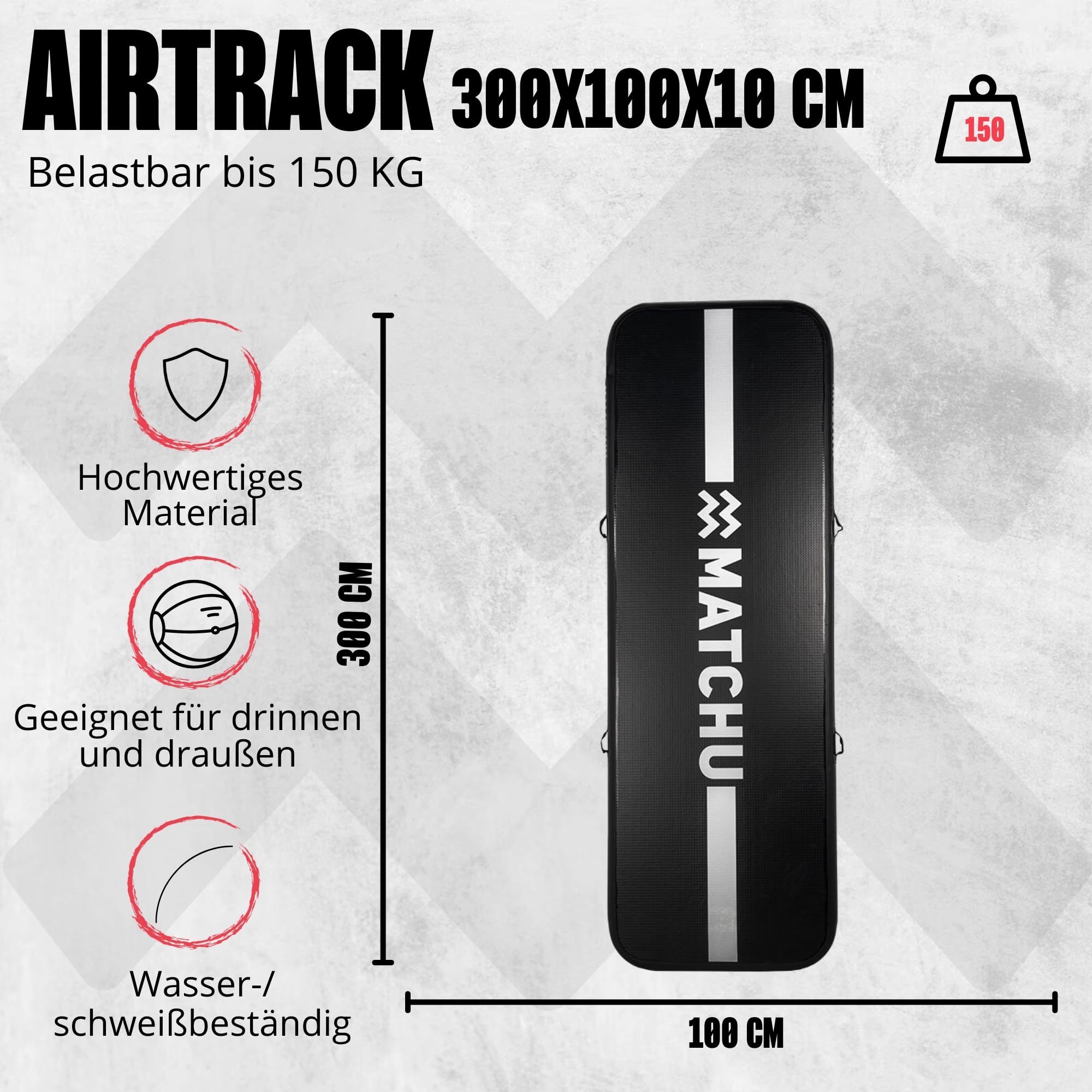 MATCHU - AirTrack - Turnmatte - Gymnastikmatte - Aufblasbar - 3x1 M - Inklusive Elektropumpe, Aufbewahrungstasche und Reparaturset - 150 KG Belastbarkeit