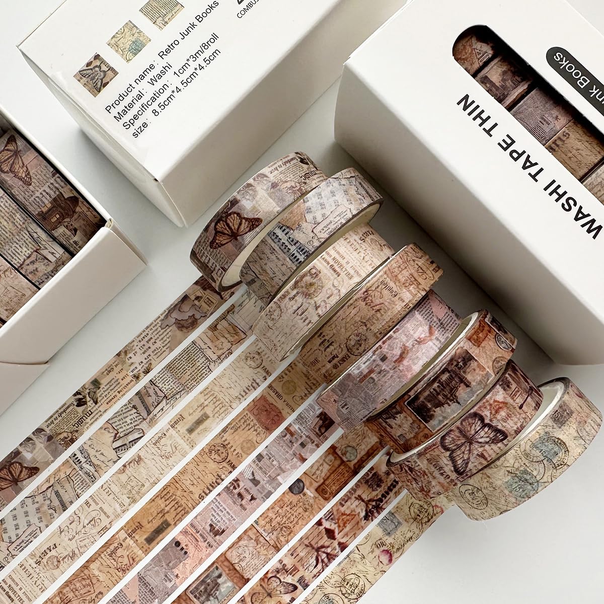 Zestaw 8 rolek taśmy washi w stylu retro, kolorowa, do majsterkowania, upiększania dzienników, planerów, scrapbookingu i pakowania (Junk Books)
