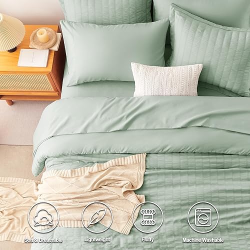 Miniatura 2 de CozyLux Juego de edredón Queen de sirsaca verde salvia, 7 piezas, juego de edredón Queen con sábanas, juego de cama suave de lujo con edredón