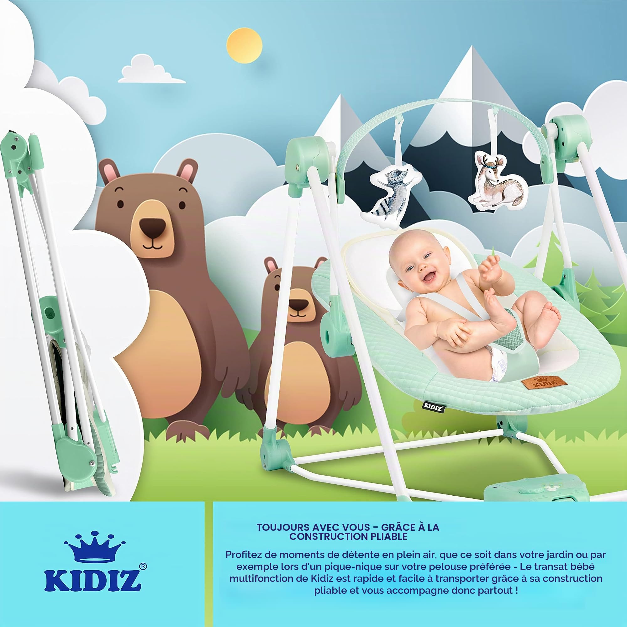 KIDIZ® Balançoire bébé 5 vitesses pliable transat chaise haute arche jeu jouets sons nature