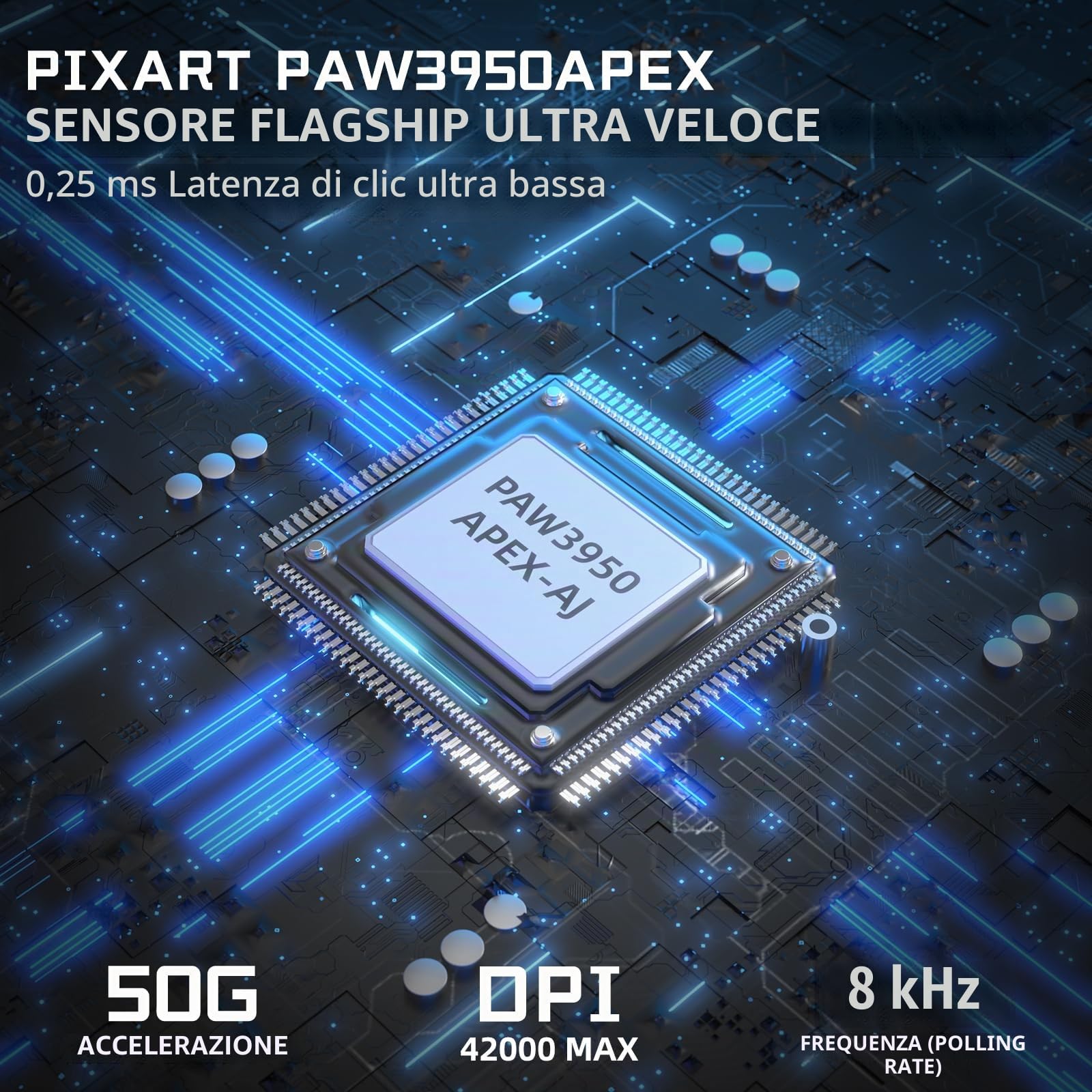 ATTACK SHARK Ajazz AJ159APEX PAW3950 Gaming Mouse, 42K DPI, Wireless 8K Hz Polling Rate, RGB Station di Carica con Schermo a Colori, 56g Ultraleggero Mouse da Gioco, 2.4G/BT/Cablato, PC/Mac, Blu