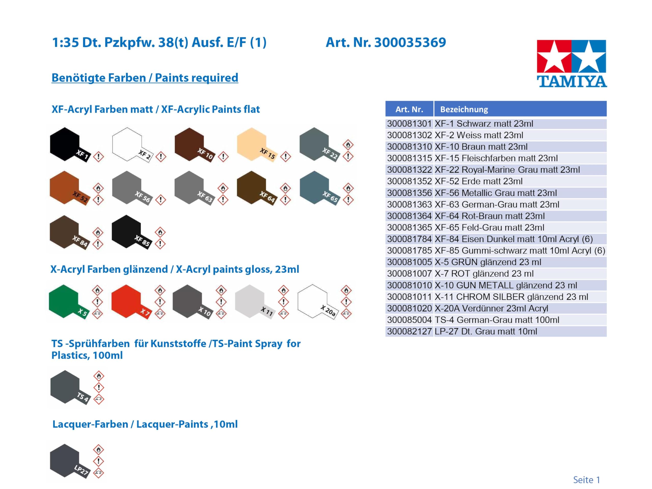 Tamiya 300035369 35369 Pz.Kpfw. 38(T) Ausf E/F Tanque 1:35 Kit de Modelo de plástico