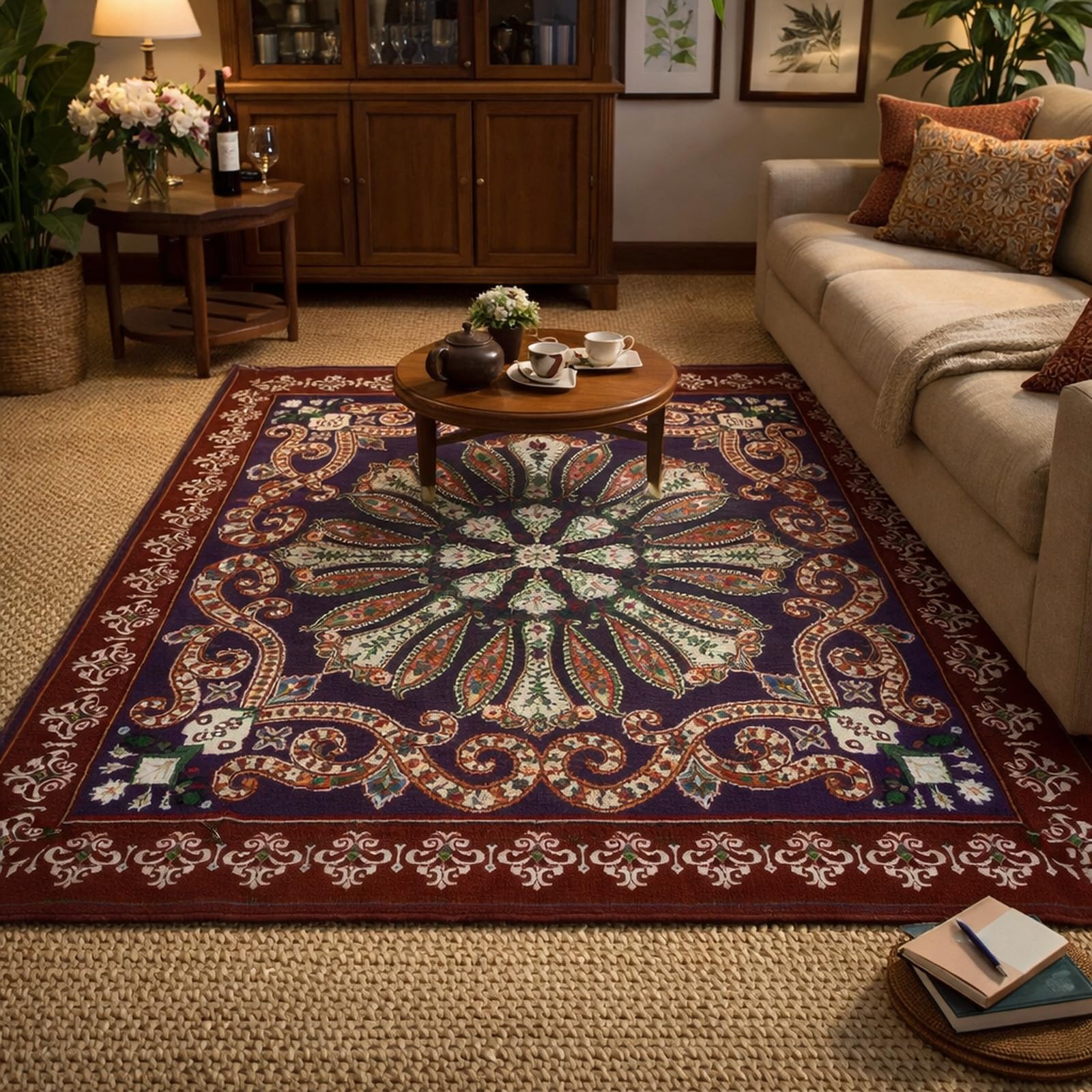 Alfombra suave de pelo corto Rururug azul tradicional con acabado lavable de alta resistencia