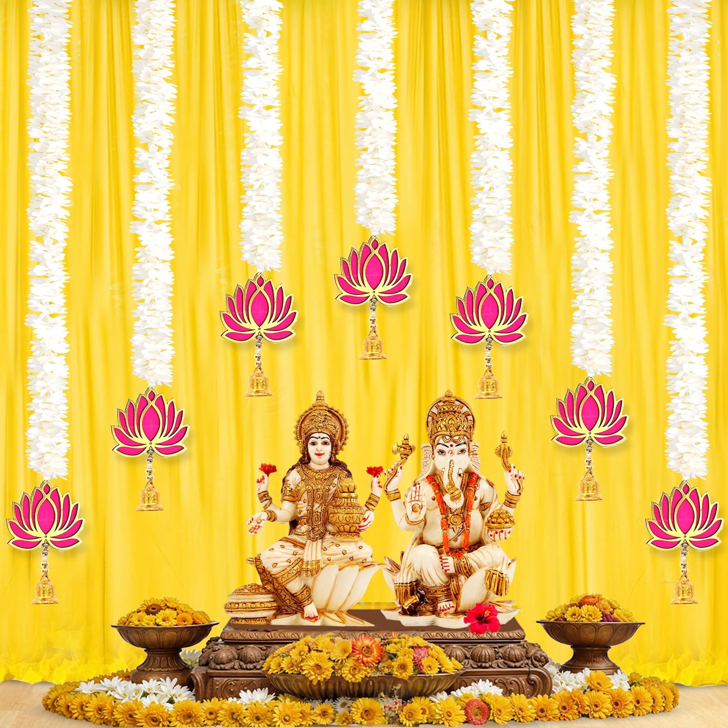 BENAVJI Presents Handmade Artificial Jasmin Mogra Garland String with MDF Lotus in Bell Style for Home Deocr Diwali Decoration Size 60 CM Length Pack of 7