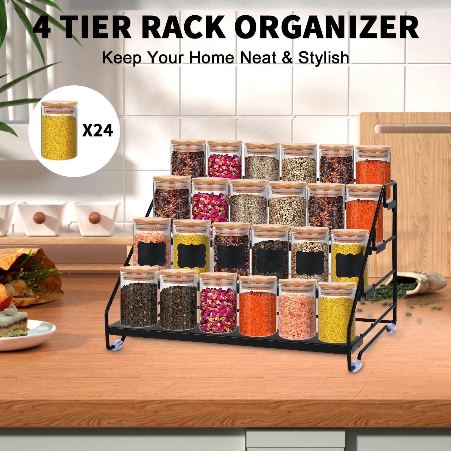 Porta Spezie per Cucina 4 Livelli in Metallo Regolabile senza Fori, Portaspezie Salvaspazio per Ripiano o Armadio, Organizer Cucina Elegante per Collezioni e Decorazioni del Soggiorno