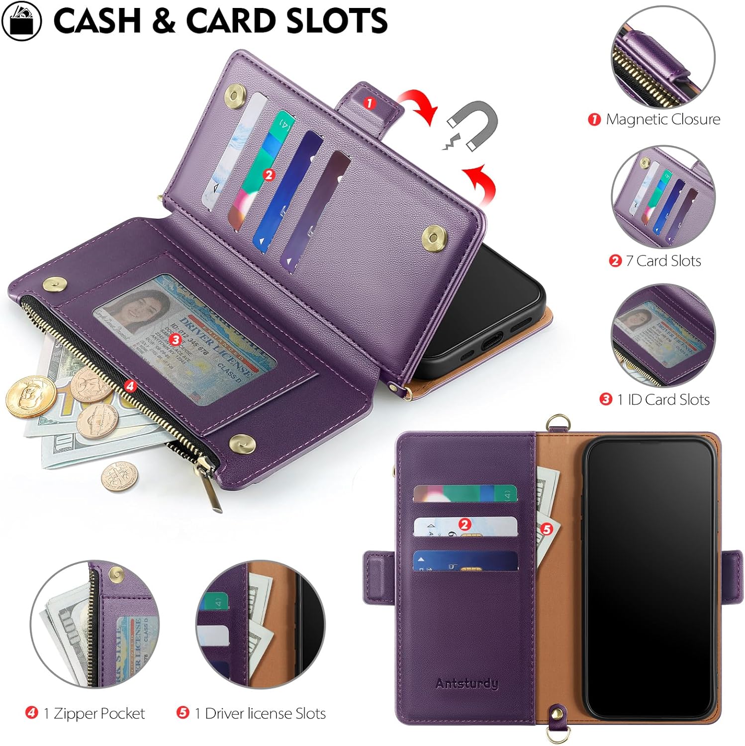 Antsturdy Compatible with Samsung Galaxy S24+ Plus Wallet Case for Women【RFID Blocking】 Crossbody Phone Case PU Leather Zipper with Wrist Strap Flip Cover Credit Card Holder Slots,Purple