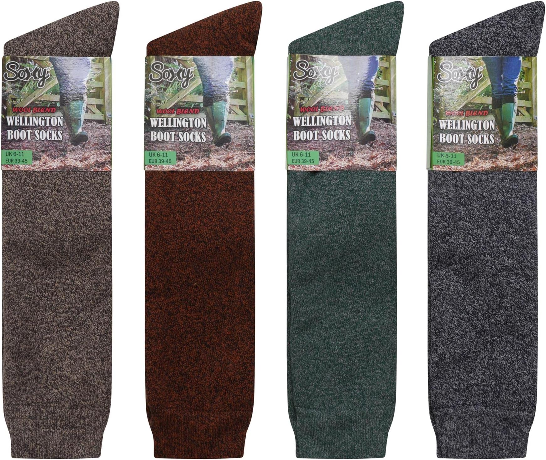 Mens Wool Blend Long Wellington Boot Socks - 4 Pack - Welly Socks - The Original Wellie Sock - Festival Walking Hiking Thermal Socks - Assorted Colours - UK Shoe Size 6-11