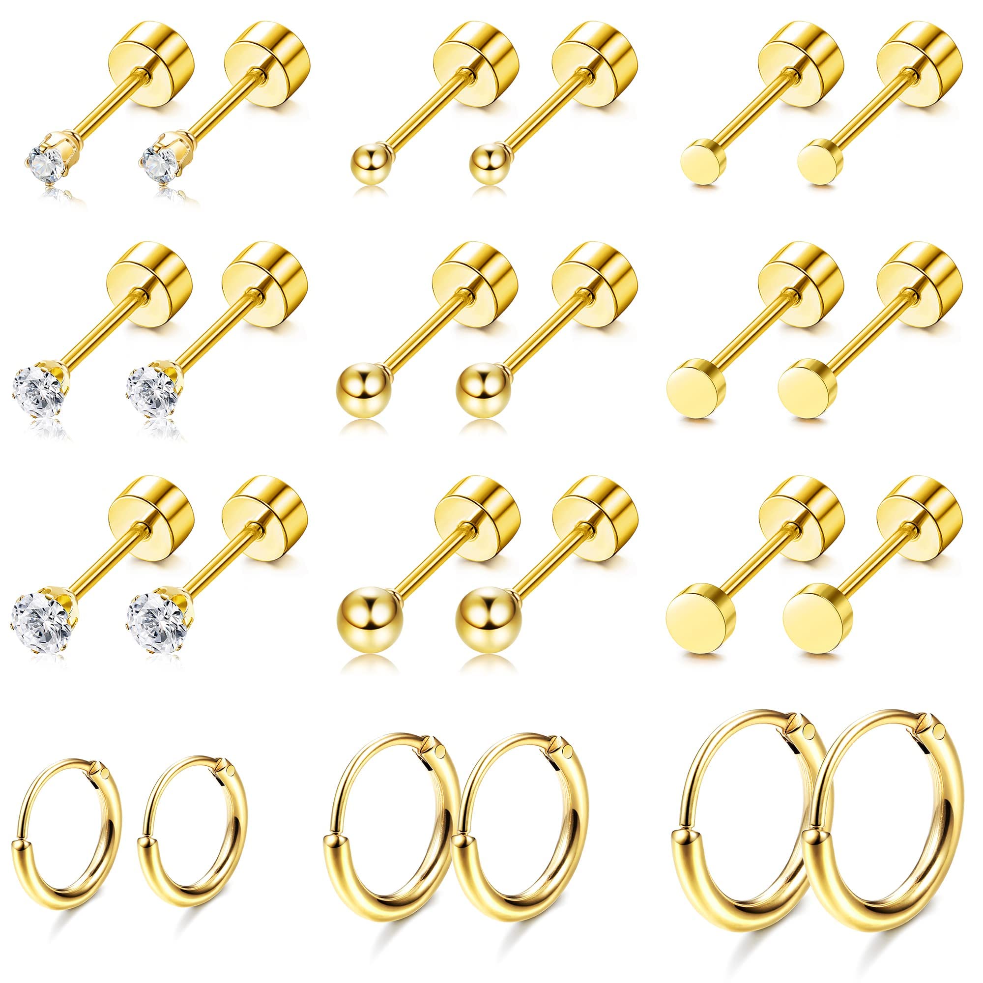 Morfettopendientes de aro pequeños y pequeños, tachuelas doradas, juegos de pendientes de acero inoxidable para Piercing múltiple, pendientes de aro de cartílago