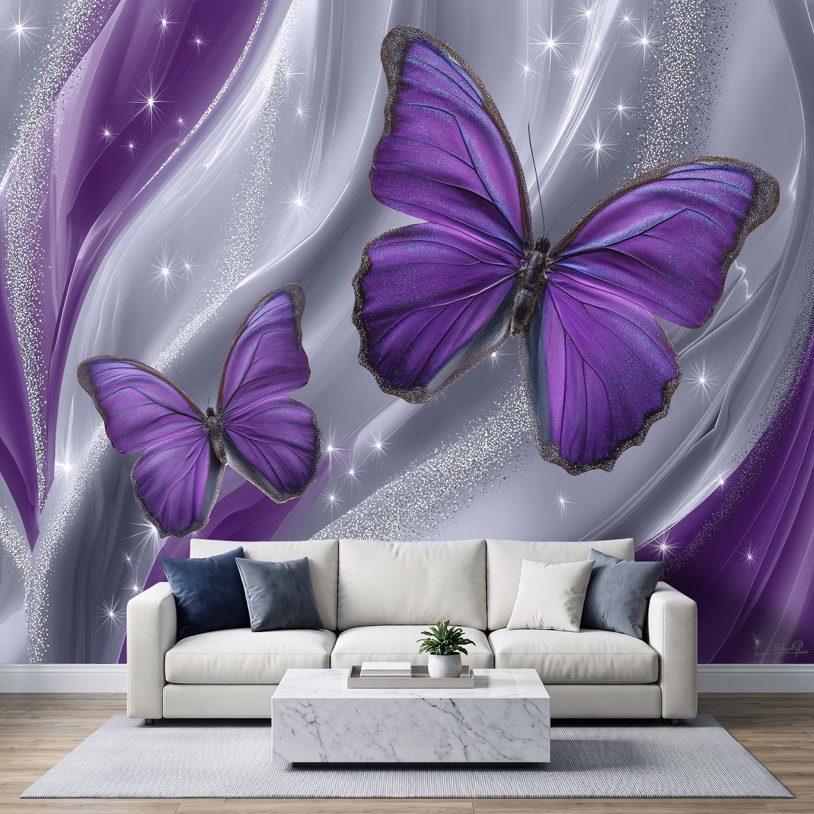 Papier Peint Panoramique 500x280cm (LxH), Art Numérique Onirique Papier Peint photo Intissé Tapisserie Poster Mural pour Salon Chambre Décoration Murale, Papillon Violet Paillettes Argentées