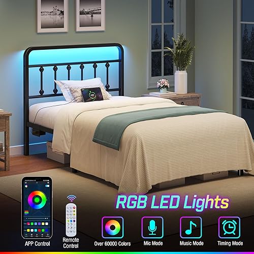 Miniatura 3 de Rolanstar Base de cama individual, plataforma de metal de 14 pulgadas con cabecero, estación de carga y luces LED, almacenamiento debajo de la cama,