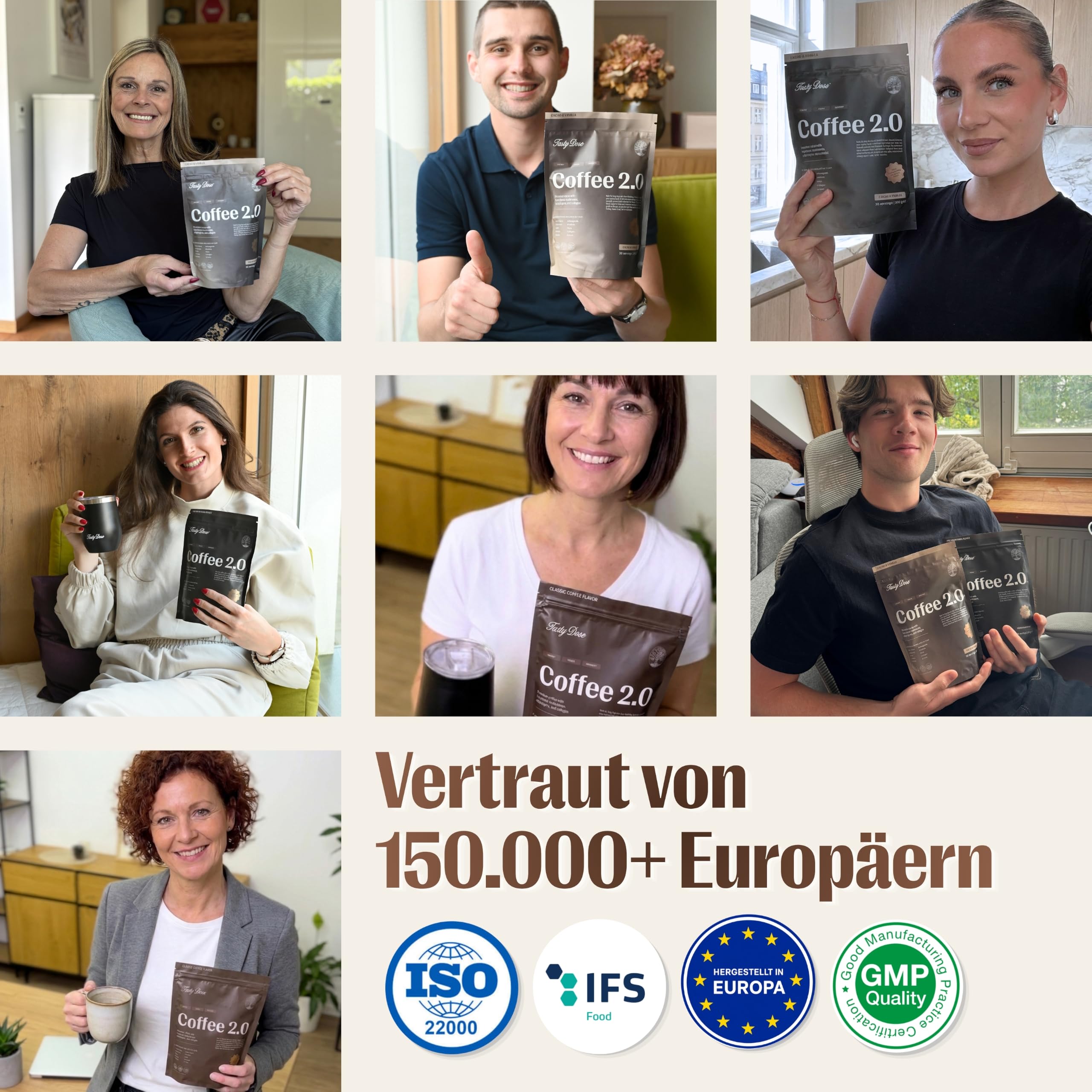 Tasty Dose's Coffee 2.0. Kaffee & Karamell. 7 Vitalpilze (Lion's Mane, Tremella, Shiitake, Maitake, Samsoniella, Reishi und Cordyceps) + Ashwagandha + Kollagen, Instant Pilzkaffee, 30 Portionen, 288 g