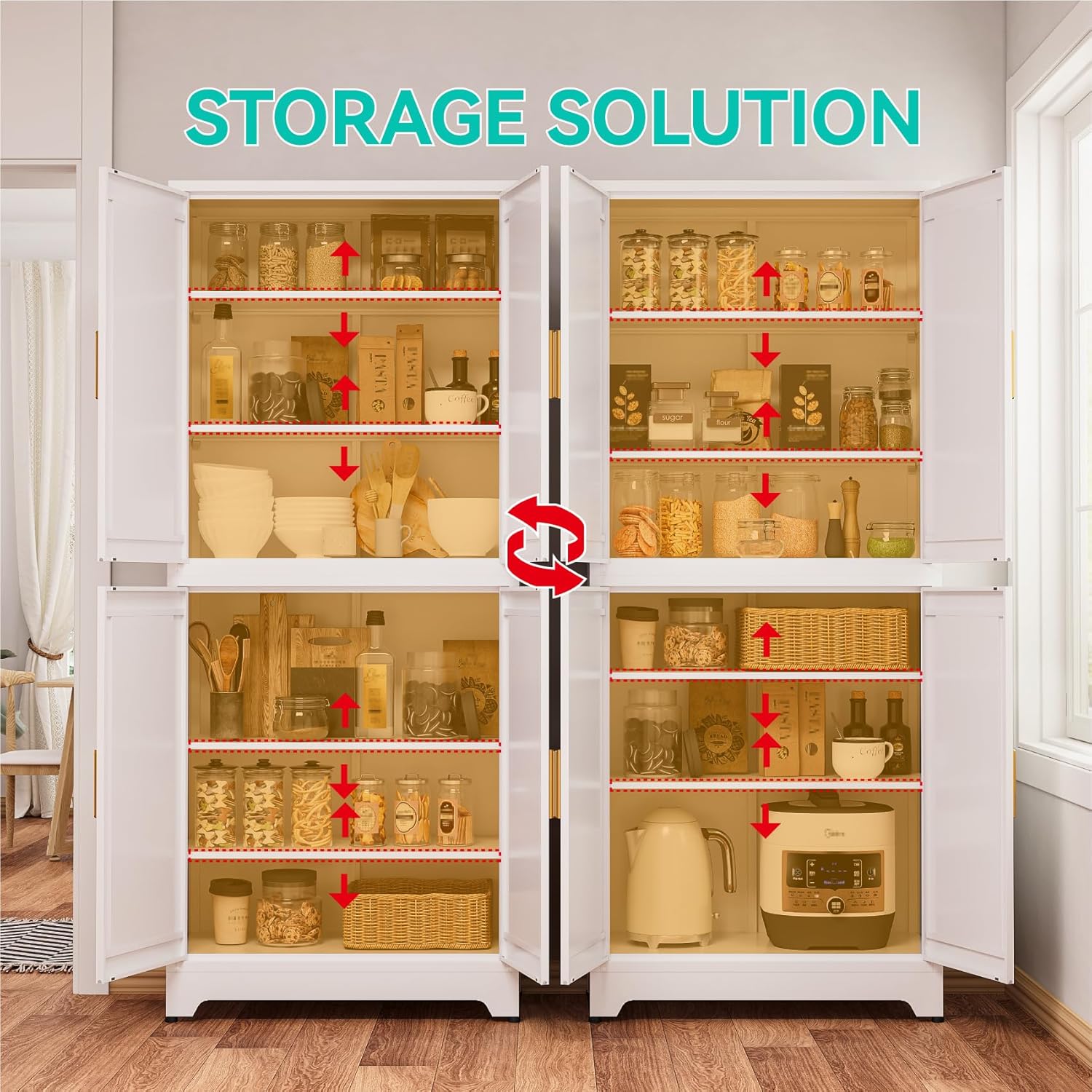 75" Tall Metal Storage Cabinet,2-in-1 Stackable Pantry Cabinet with Adjustable Shelves,31.5" Wide By 15.8" Deep Farmhouse Cabinet for Kitchen Bathroom Living Room Dining Room, White 1Pc