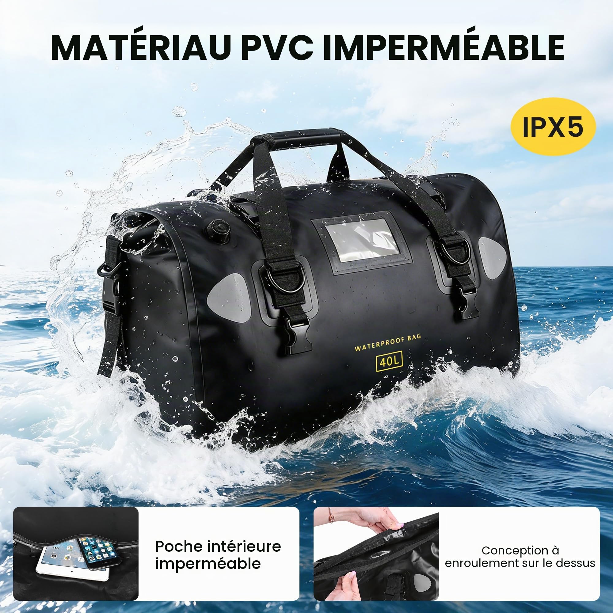 HOMIEE Sacoche arrière de moto - Étanche - 40 l - Grande sacoche arrière avec sangles à fermeture rapide - Pour touring, camping, moto, cyclisme, sports nautiques (noir)