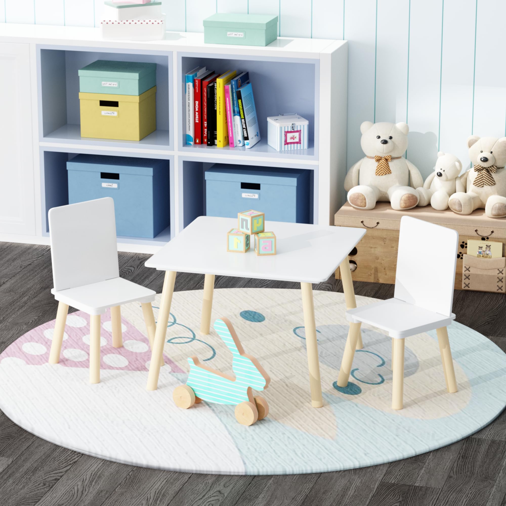 Wood Table &amp; Chairs 3 Pieces Set, Boys Girls Activity Table w/ 2 Chairs, Solid Wood Legs, Safe Rounded Corners, Playroom Furniture for Boys &amp; Girls Activity Dining Drawing Craft.