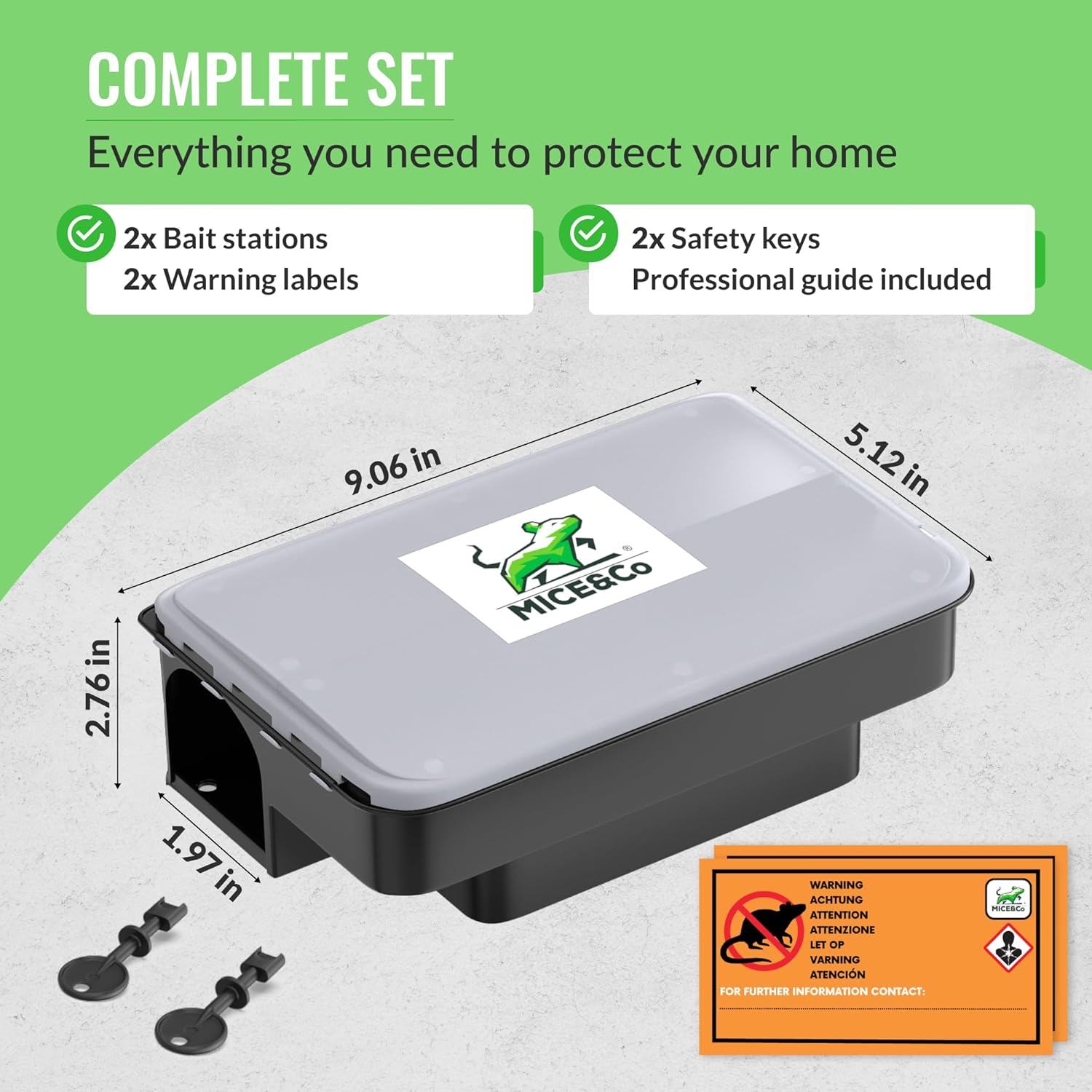 Mice&Co Professional Rat Traps 2 Pack - Rat Bait Box with Key & Warning Stickers Against Rats & Mice - Bait Station Home, Garden & Industry - Lockable, Child-Safe