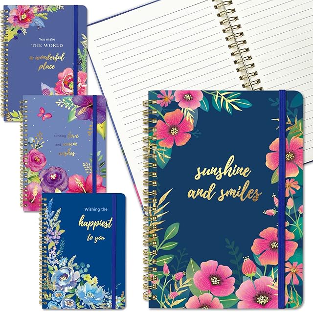 DWIYITTN Spiral Notebook A5, 4 Pack Hardcover Lined Notebook 14.5 x 21.6 cm,120 Page Campus Notebook with Blue Floral Pattern for School Office Home Studying and Writing