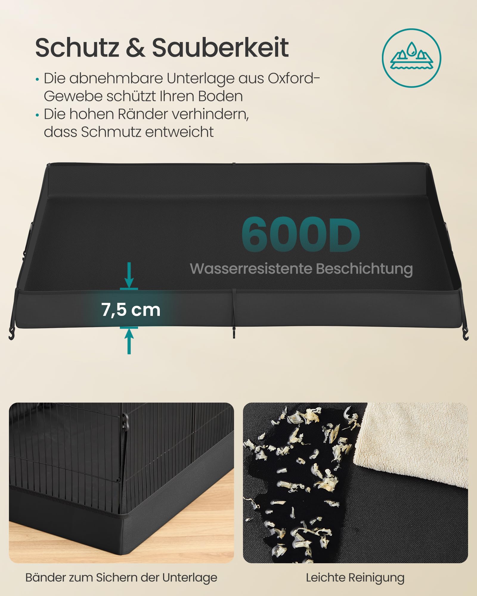 SONGMICS Kleintiergehege, Gehege, Freilaufgehege, wasserresistente Unterlage, Doppeltür, für Kaninchen, Meerschweinchen, mit 20 Platten, 123 x 63 x 41,5 cm, tintenschwarz LPI012BH01