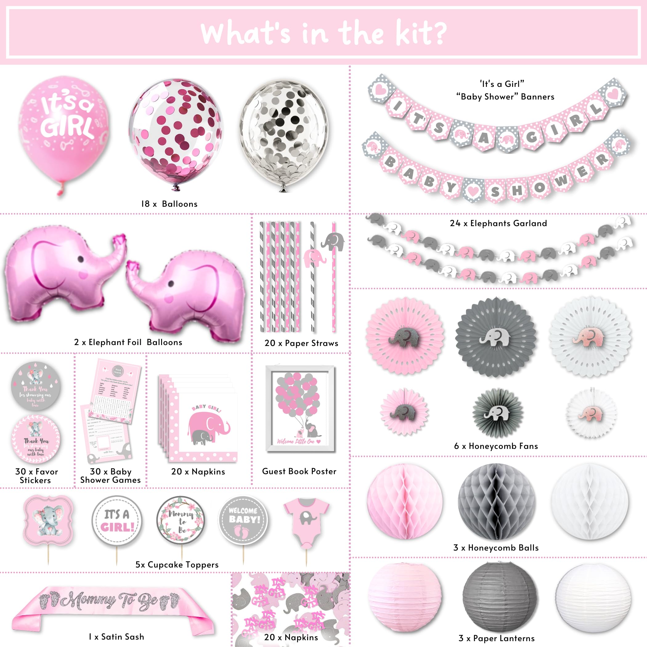 Decoraciones para baby shower de elefante para niña Jumbo Bundle | Es una niña | Rosa Gris Blanco