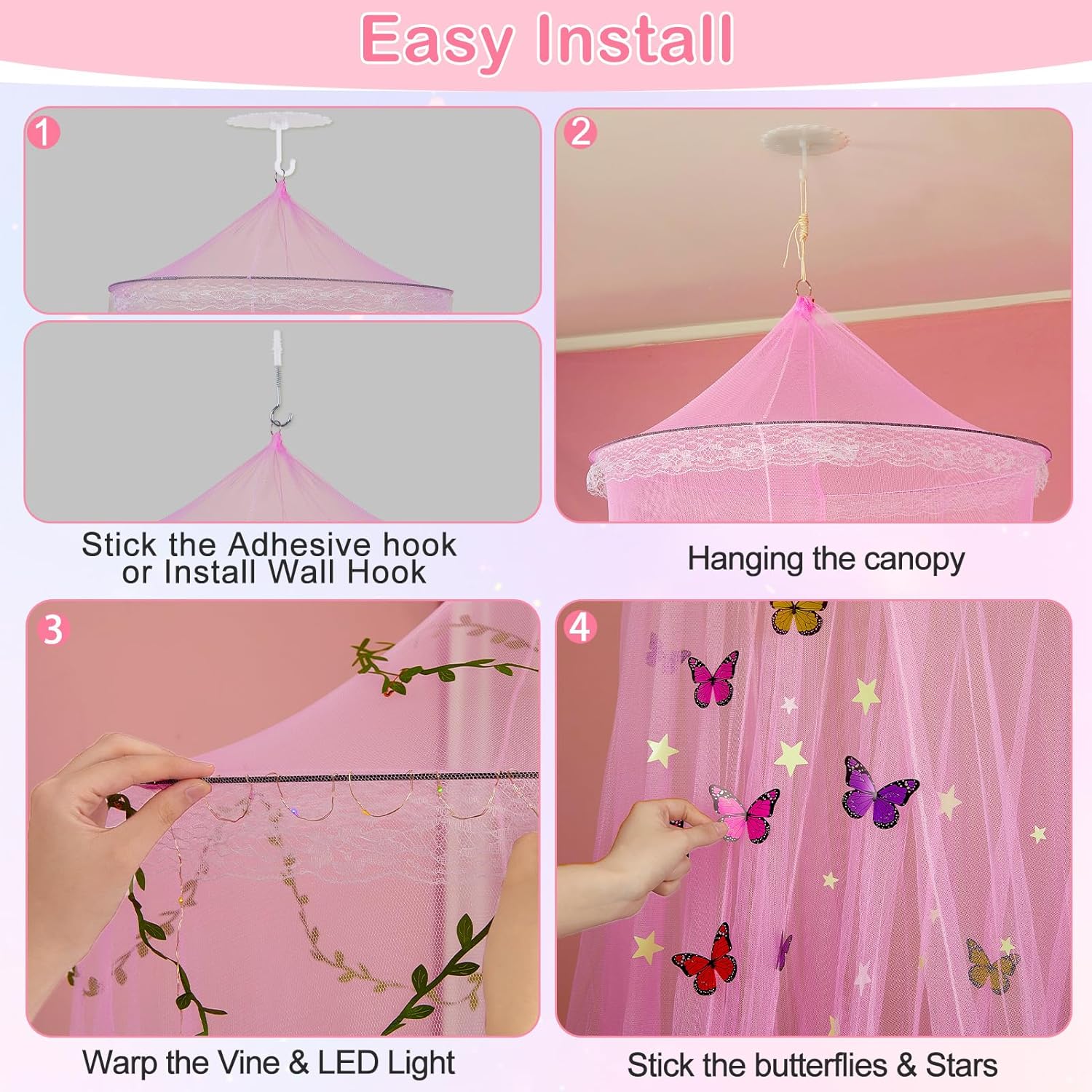 FIOBEE Bed Canopy for Girls Room Bed Canopy Curtains with Led Lights Mosquito Net DIY Princess Room Décor with Stars Butterflies for Kids Bedroom, Hot Pink - Image 3