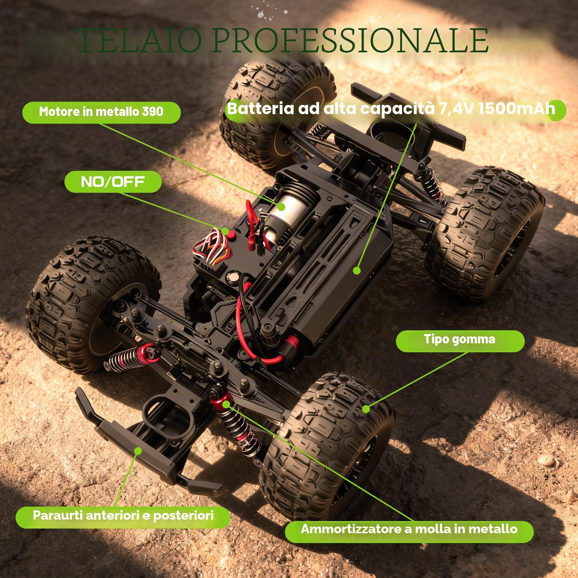 BAZADER Macchina Telecomandata Auto Telecomandate - 1:16 Macchina Radiocomandata con luci RGB respiranti 40 Km/H 4WD 2 Batterie - 2,4 Ghz Giocattolo Per Tutti I Terreni Auto Veloci Ricaricabili