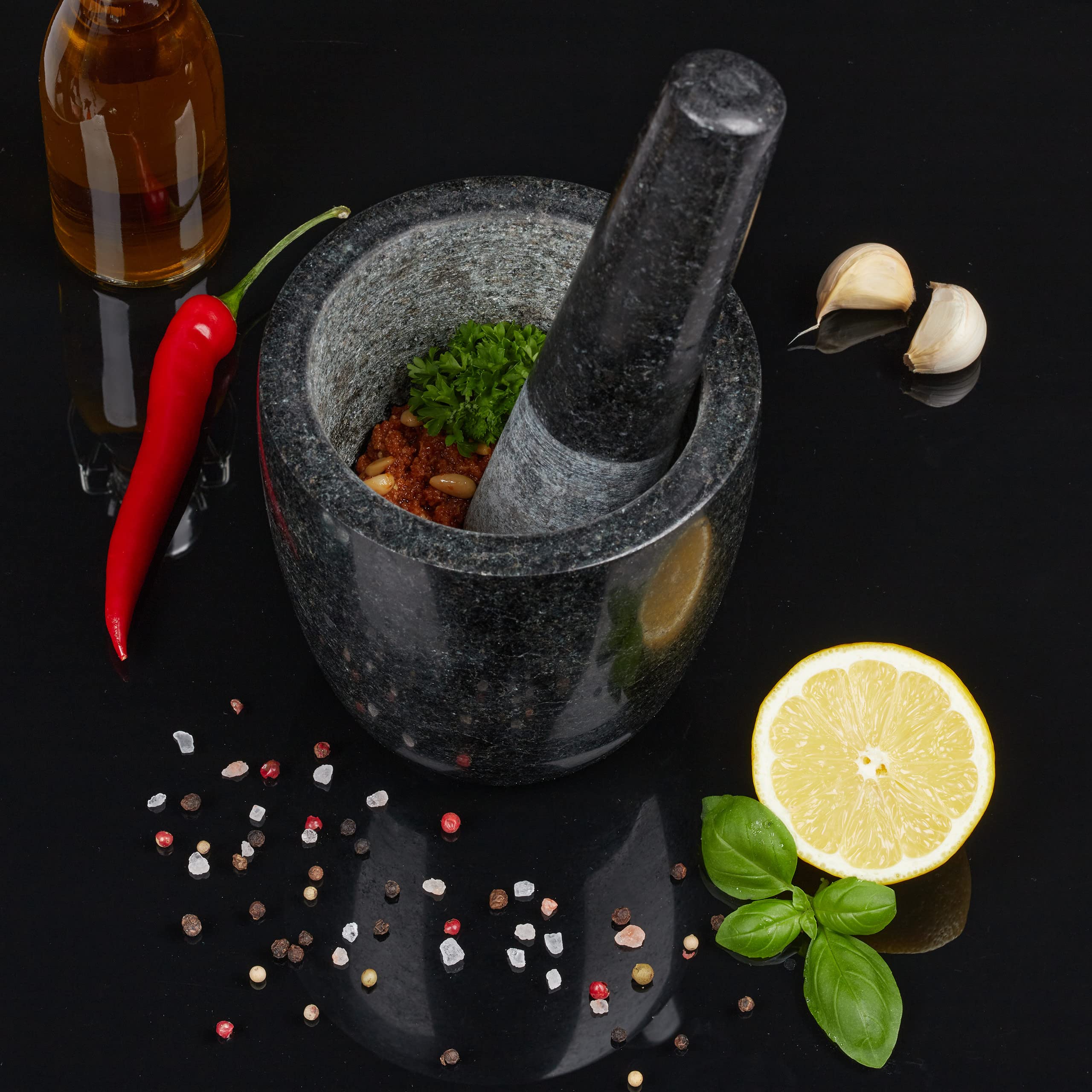 Relaxdays Mortaio & Pestello in Granito, Robusto & Resistente, Erbe Aromatiche, in Pietra Lucida, V 500ml, Ø 13, nero