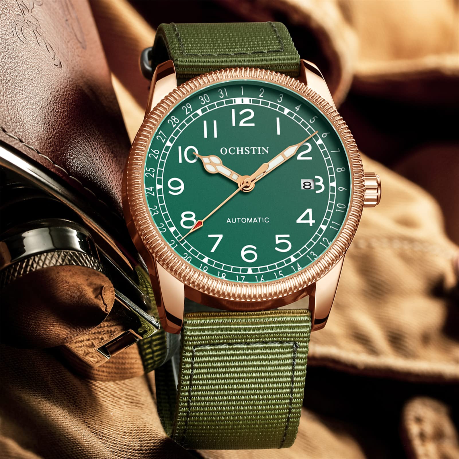 FORSINING Herren-Armbanduhr, automatisch, mechanisch, mit Lederband, modisch, Business, analog, Datumsanzeige, Uhren, wasserdicht, grün, Armband