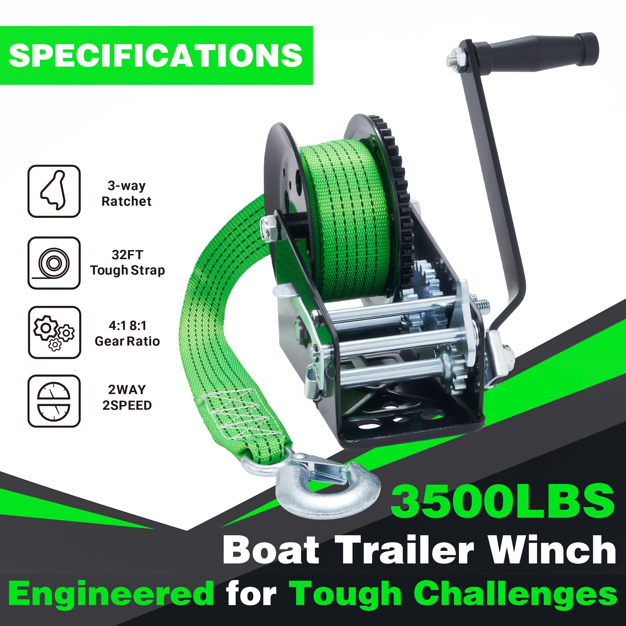 OPENROAD 3500LB Boat Trailer Winch - 32FT Green Strap, Heavy Duty Hand Winch with 2-Way Ratchet 4:1/8:1 Gear - Effortlessly Tow Boat,Trailer, RV, ATV, and Jet Ski - Includes Installation Screws