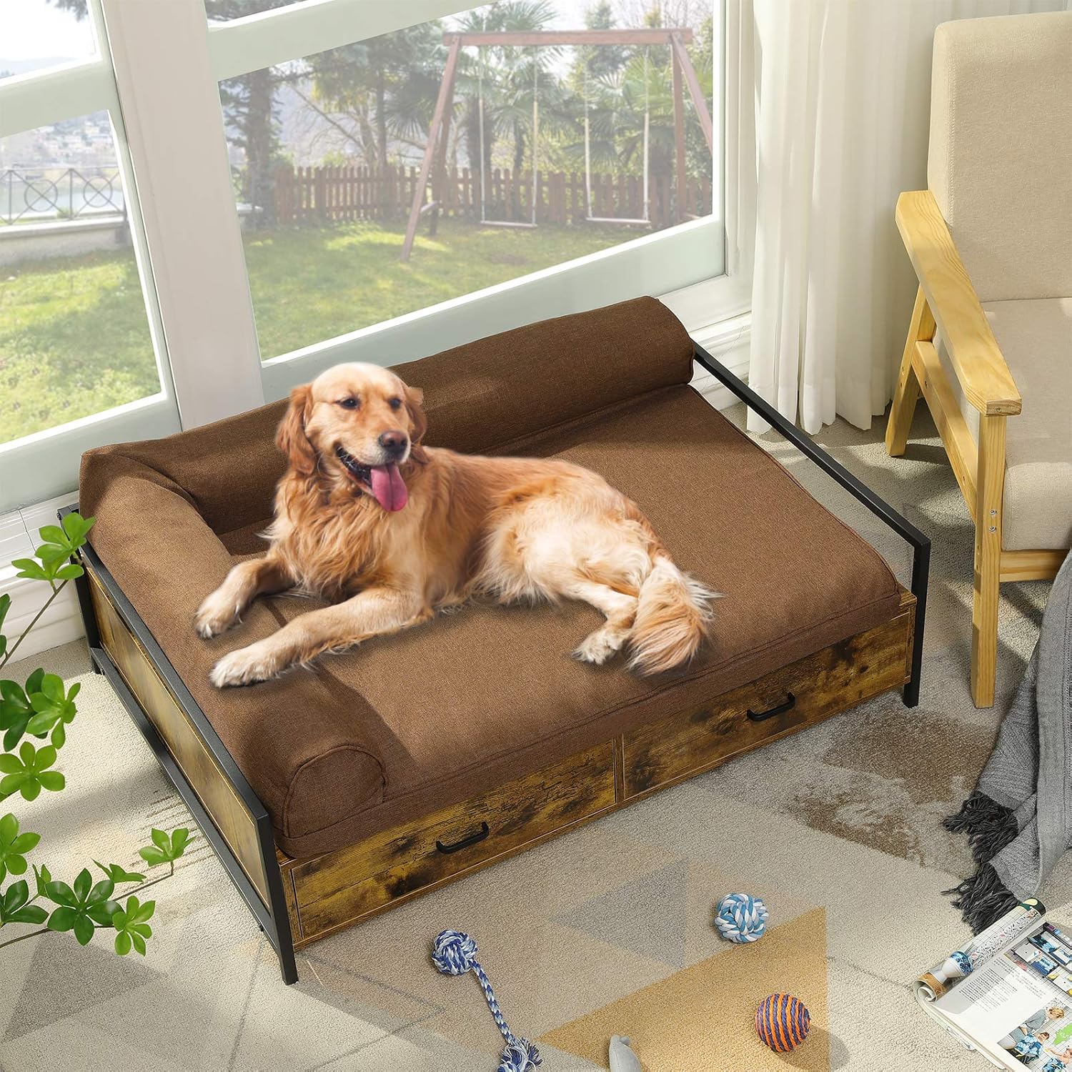 MSmask Large Pet Dog Bed Frame with Drawer, Modern Dogs Wood Beds for Big Dogs Cats Couch Sofa Elevated Wooden Dog Furniture Easy to Clean