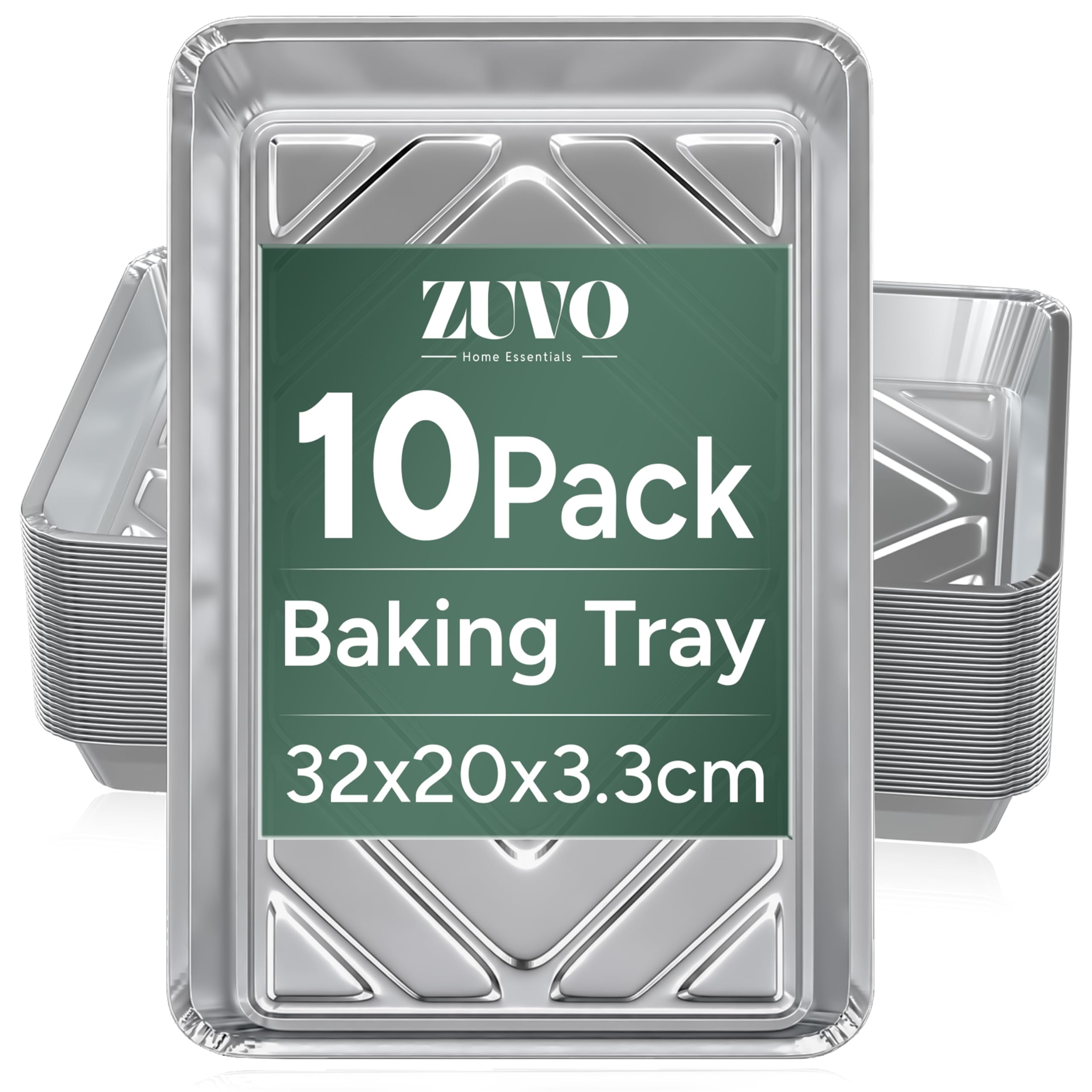 Zuvo Aluminium Foil Baking Trays - 10 Pack Disposable Tin Foil Trays for Baking, Cooking, Roasting & BBQ | 32cm x 20cm x 3.3cm | Without Lids