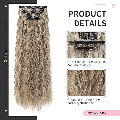 Miniatura 2 de FLUFYMOOZ Extensiones de cabello con clip, 6 extensiones de cabello largo con ondas de sirena onduladas sintéticas con clip para mujeres de 24