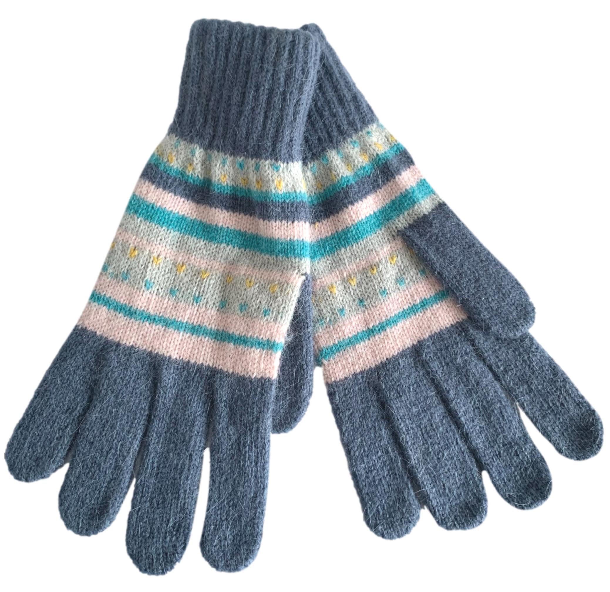 Purple Possum® Blue Gloves Ladies Pink Grey Striped Knitted Wool Angora Womens Full Winter Warm Cosy Stripy Gloves One Size