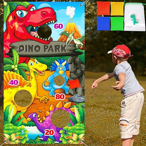 Juegos de dinosaurios para exteriores, juego de lanzamiento de bolsas de frijoles, juego de Cornhole con 4 bolsas de frijoles, juegos de fiesta al