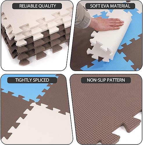 Miniatura 5 de BalanceFrom Puzzle Play Mat, 36 piezas de azulejos de espuma entrelazados, azulmarrónbeige  Alfombras de suelo de azulejos para sala de juegos