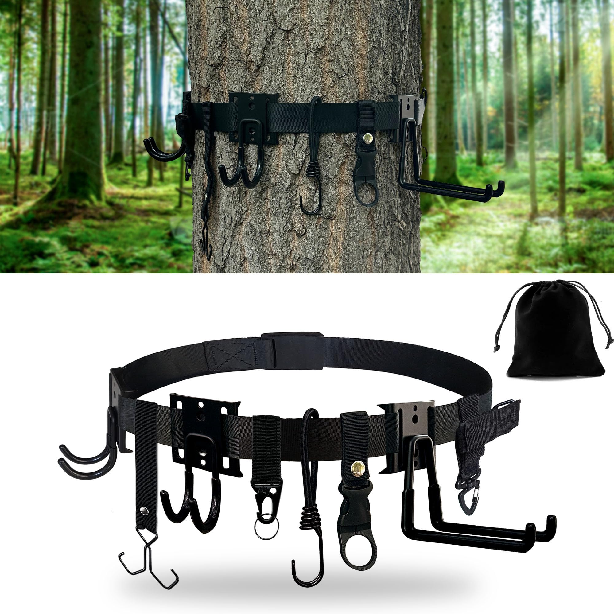 Treestand Strap Gear Hangers, Multi-Hook Accessory Holder for Bow Hanger, Tree Stand Accessories Holder with 8 Hooks, for Gears Bow Quiver Backpack Tree Saddle Bottle, with Storage Bag