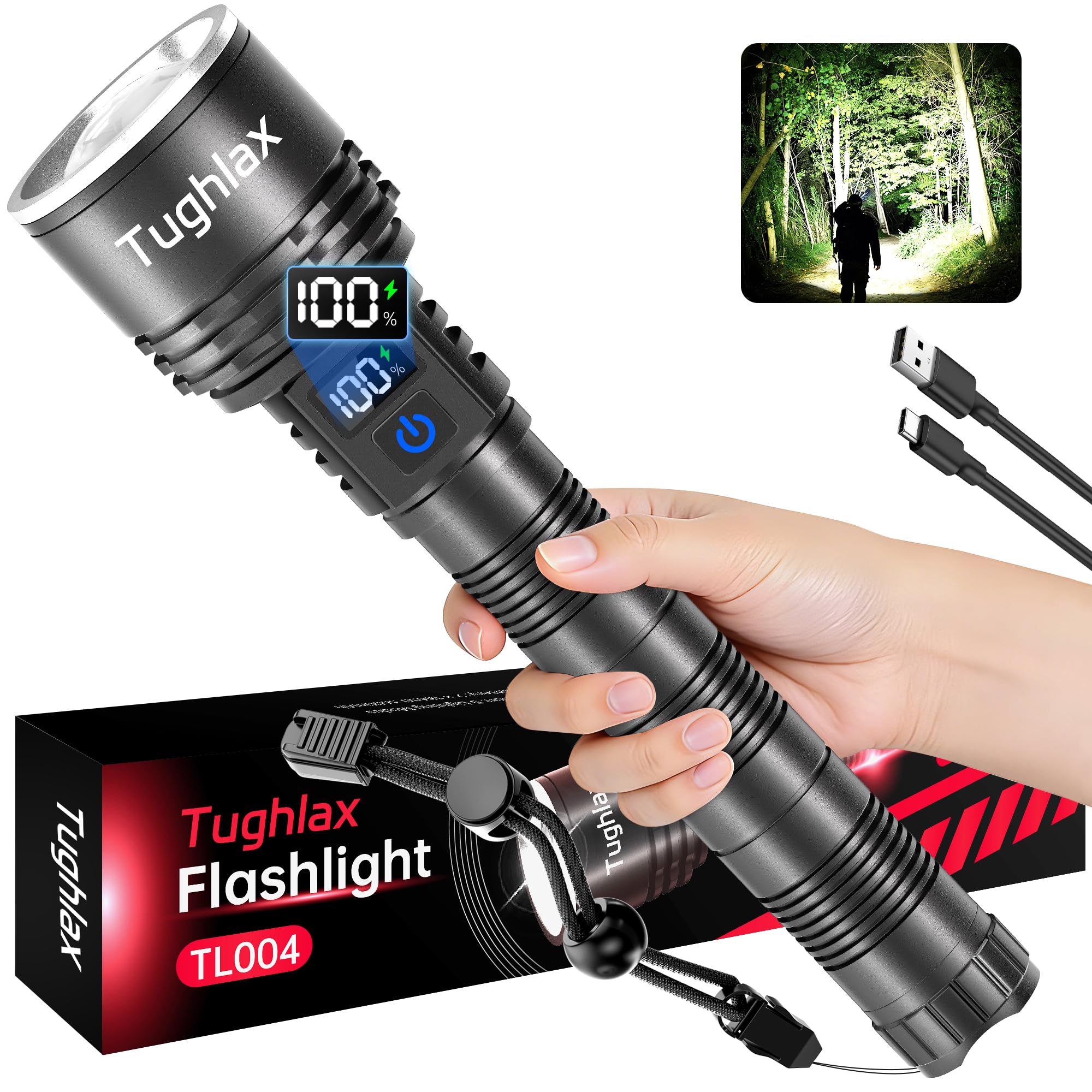 Tughlax Rechargeable Flashlights High Lumens, 90,000 Lumens Super Bright LED Flashlight Tactical Flashlight with LCD Digital Display, 5 Modes Zoomable Waterproof Powerful Handheld Flashlight for Home