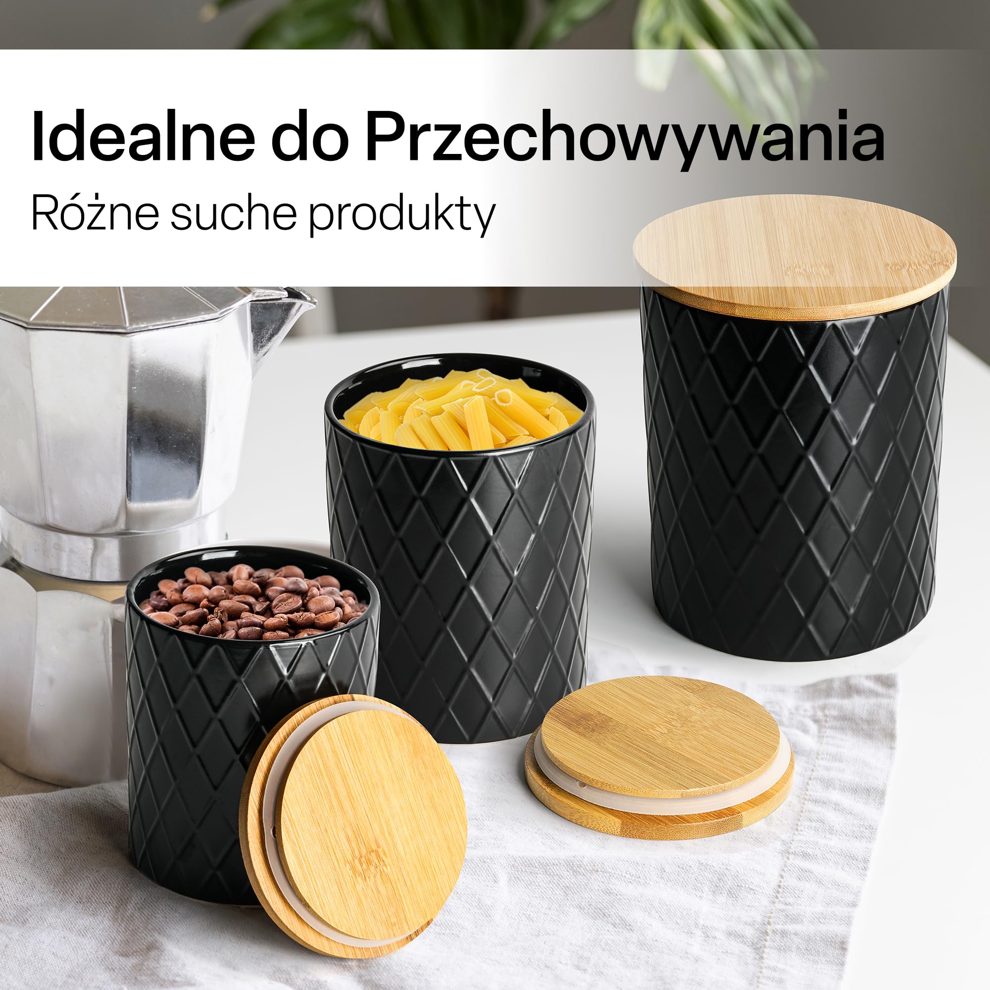 MIAMIO - Zestaw 6 ceramicznych pojemników kuchennych - Palmanova (Czarny)