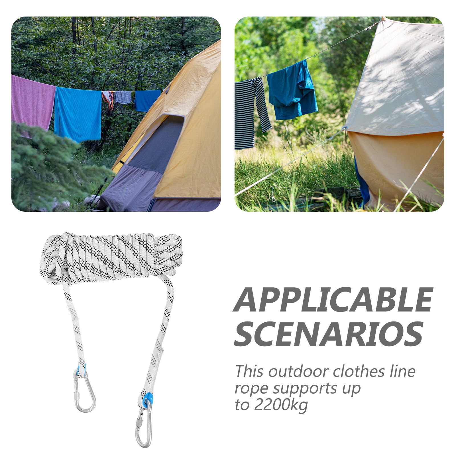 DOITOOL Wetterfeste Outdoor Wäscheleine aus Polyester mit Antirutsch Design 10 Meter lang 12mm Weiß mit Drehverschluss und Karabiner für Indoor und Outdoor Nutzung