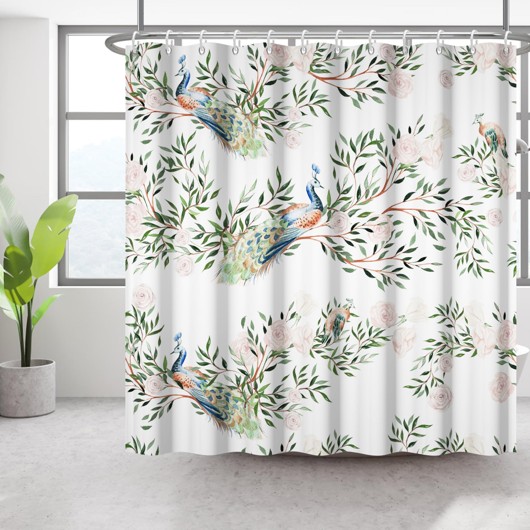 Bovlleetd Cortina de baño de Hojas de Flores, Hojas de Plantas Verdes con Cortina de baño de Pavo Real de Color, Cortina de baño para Uso doméstico 6 Ganchos 92x183cm